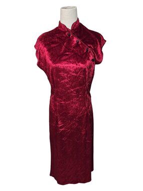 Vintage Y2k Dress Crushed Velvet Red Short Sleeve Midi Whimsigoth Size 7/8